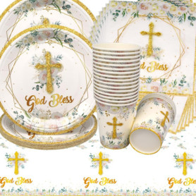 Vaisselle de Fête Communion,Doyomtoy Vaisselle Papier Set Décoration de Première Communion Assiettes en Papier Serviettes Tasses