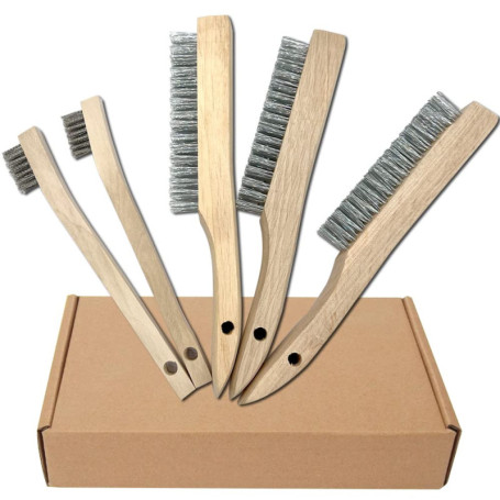 NICAVKIT Lot de 5 brosses à fil manuel avec manche en bois, 3 grandes brosses en acier inoxydable de 250 mm, 2 petites brosses e