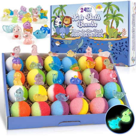 Bombes de bain pour enfants, 24 bombes de bain avec surprise phosphorescente à l'intérieur, bain moussant coloré naturel et biol