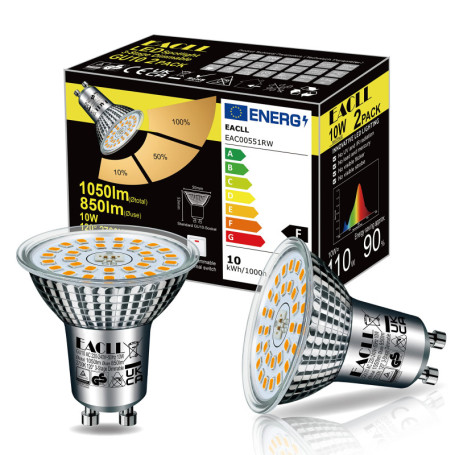 EACLL Ampoules LED GU10 10W, Blanc Chaud 2700K 850lm Équivalent 110W Halogène, Lot de 2, Dimmable 3 Niveaux de Luminosité via In