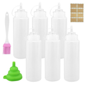 Lot de 6 bouteilles à presser - 500 ml - Avec bouchons - Bouteille à sauce - Pas de fuite - Avec pinceau à huile - Pour la pâtis