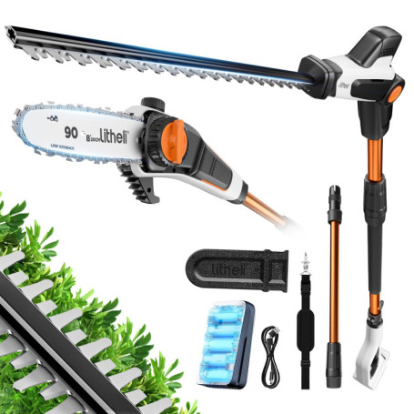 Litheli 2-en-1 Élagueur sur Perche et Taille Haie sans Fil, Batterie 2,0 Ah, Lame de 47 cm, tête inclinable et Perche rallonge p