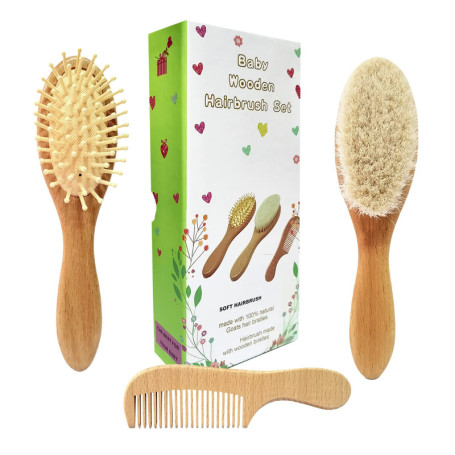 Molylove 3 pièce brosse à cheveux de bébé en bois et ensemble peigne | poils de chèvre naturel brosse | brosse à poils de bois p