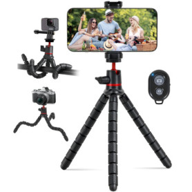 Trépied Mini Portable pour Téléphone & Caméra, Tripod Flexible avec Télécommande Bluetooth, Rotation 360°, Compatible iPhone/And