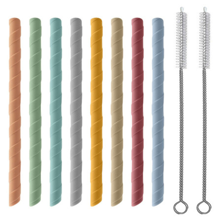 Lot de 8 Pailles en Silicone Réutilisables et Pliables - Portables Avec 2 Brosses de Nettoyage
