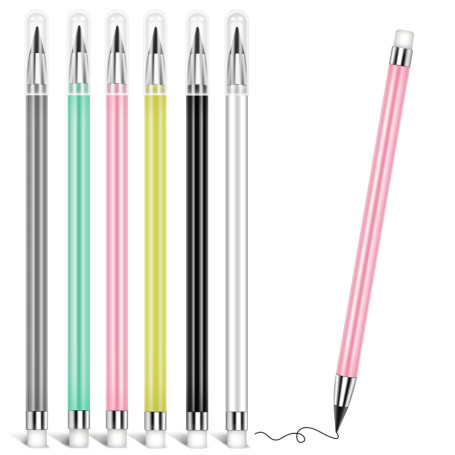 Skaaisont Crayon Sans Encre avec Gomme, Portable 6PCS Metal Pencil Réutilisables, Crayon Nib Remplaçable pour le Bureau et l'Etu