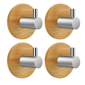 Lot de 4 crochets muraux autocollants en acier inoxydable et bambou - Sans perçage - Antirouille - Imperméables - Pour salle de 