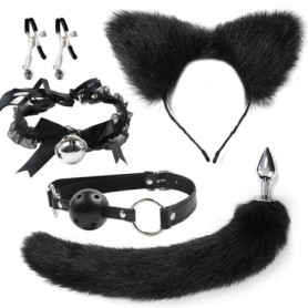 Ensemble noir d'oreilles, collier, pince, bâillon, bracelet, queue de renard, jouet de jeu d'imitation