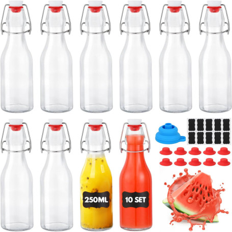 YAMAIDUO Lot de 10 Bouteille Verre 250ml, Bouteille en Verre avec Bouchon Mécanique avec 10 sceaux, 10 étiquettes, entonnoir pou