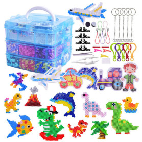 Lot de 11 000 perles à repasser - 24 couleurs - Perles à emboîter de 5 mm - 34 motifs - Avec boîte de rangement - Plaques de per