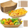 Huucozn 50 Pièces Barquettes en Carton Kraft avec 50 Fourchette Plateaux Alimentaires Jetables en Carton Kraft Barquette Frite B