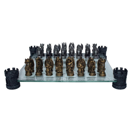 NEMESIS NOW LTD Kingdom of The Dragon - Jeu d'échecs avec Coins décorés de Tours 43cm