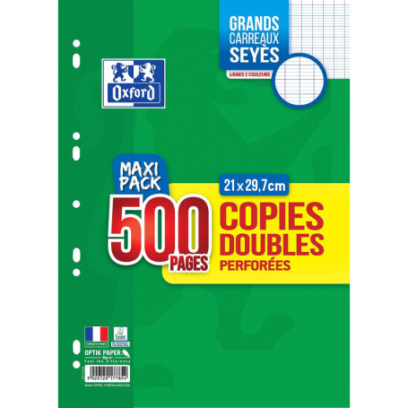 OXFORD Copies Doubles Grands Carreaux Seyès 500 Pages blanches 90g sous film.