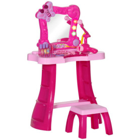 AIYAPLAY Coiffeuse Enfant 15 PCS, Table de Maquillage avec Tabouret et Miroir, lumière, Musique, Microphone, sèche-Cheveux, Espa