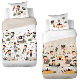 Parure de lit imprimée bi-Histoire 140x200 cm Enfant - Housse de Couette 140x200 cm + 1 Taie d'oreiller 63x63 cm Motif Indien et