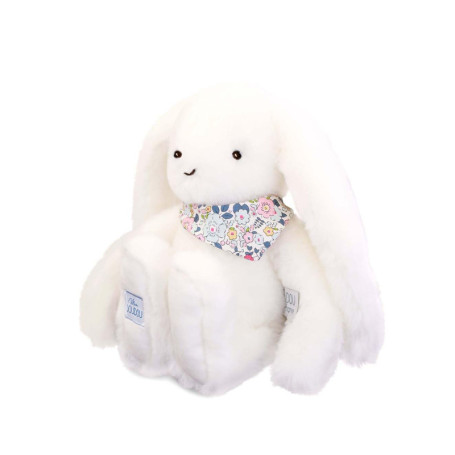 DOUDOU ET COMPAGNIE - Lapin Fleurette Blanc 35 cm – Peluche Ultra Douce pour Bébé avec Foulard Fleuri – Grand Doudou Mixte dès l