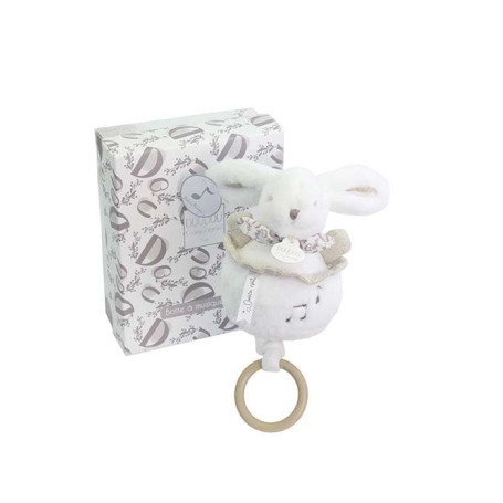DOUDOU ET COMPAGNIE - Boîte à Musique Lapin Doudou Blanc – Peluche Musicale Ultra Douce Bébé avec Anneau Bois – Doudou Veilleuse