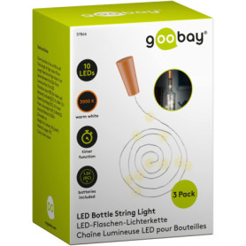 goobay 57866 Lot de 3 guirlandes lumineuses à 10 LED pour bouteilles/fonction minuteur/minuteur/avec piles dans le bouchon / 1 m
