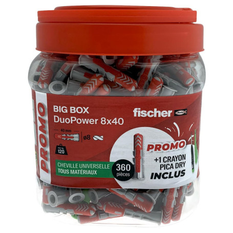 fischer - BigBox de 360 Chevilles Tous matériaux DuoPower 8x40 + 1 Crayon de Chantier Pica Dry Offert