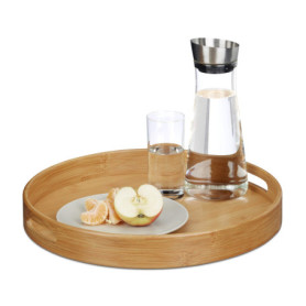 Relaxdays 10020235 Plateau de service rond en bambou plateau repas transport poignées HxlxP: 5 x 38,5 x 38,5 cm apéritif bois, n