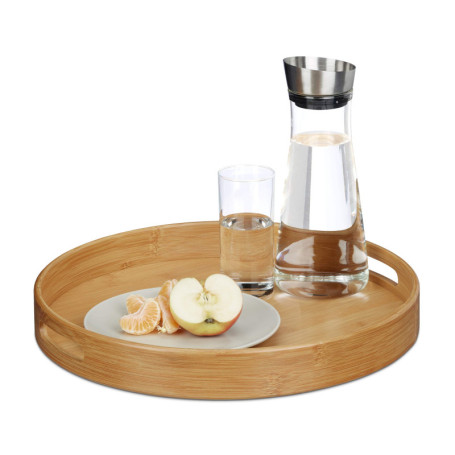 Relaxdays 10020235 Plateau de service rond en bambou plateau repas transport poignées HxlxP: 5 x 38,5 x 38,5 cm apéritif bois, n