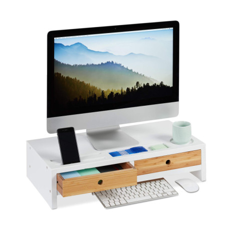 Relaxdays Support moniteur bambou, Rehausseur écran 2 tiroirs compartiments, Support HLP 14 x 60 x 30 cm, blanc/nature