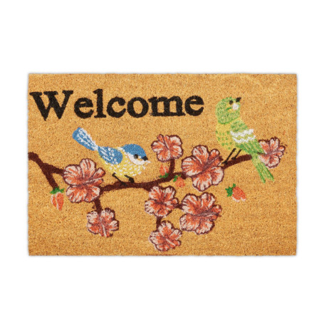 relaxdays Paillasson Coco, Inscription Welcome & Motif Cerisier, Tapis d’entrée intérieur & extérieur, 40x60 cm, Nature