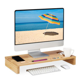Relaxdays Support de Moniteur, Bambou, rehausseur écran Bureau, 7 Compartiments, Dessous PC, HLP 8,5x60x30 cm, Naturel