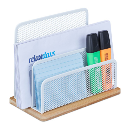 Relaxdays Porte-Lettres métal et Bambou, 3 rangements, HxLxP: 15x18,5x10cm, pour Bureau, Range-Documents, Blanc - Nature