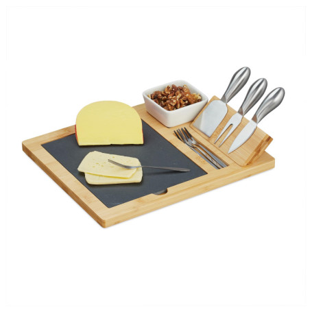 Relaxdays Plateau de fromages & Plateau en Ardoise, 3 Couverts, récipient à Sauce, 4 fourchettes, Bambou, Nature - Noir