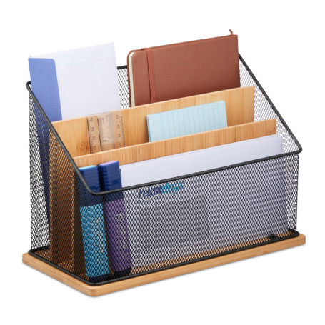 Relaxdays Porte-Documents, 3 Compartiments, métal & Bambou, Rangement pour Lettres, HxLxP: 20x29x14 cm, Nature - Noir