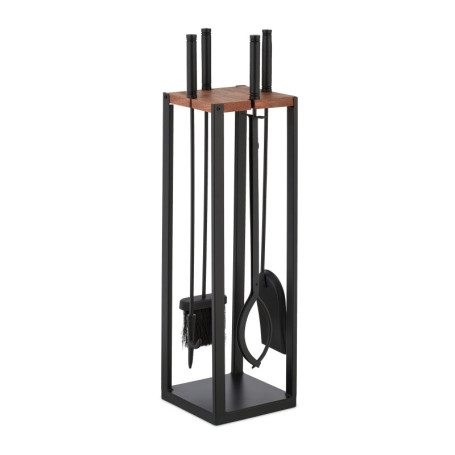 Relaxdays Couverts de cheminée, Lot de 5 pièces, tisonnier, Pelle & Balai à Cendres, Pince, Support, Noir - Marron