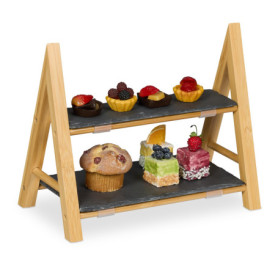 Relaxdays Plateau de Service 2 Niveaux, Plats en Ardoise, HLP 27x32x17 cm, présentoir Rustique Bambou, Naturel/Gris