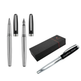 Pierre Cardin Set D'Écriture Christophe Stylo Roller Stylo Et Stylo-Plume Chrome-Noir Avec Laser Gravure Gravé Pour Anniversaire