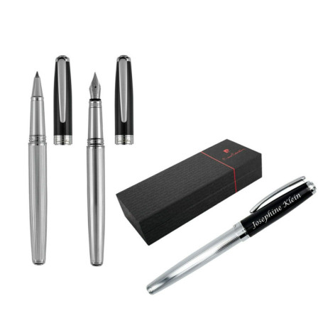 Pierre Cardin Set D'Écriture Christophe Stylo Roller Stylo Et Stylo-Plume Chrome-Noir Avec Laser Gravure Gravé Pour Anniversaire