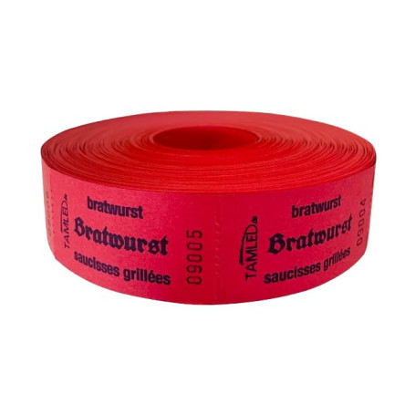 TAMLED - Rouleau de bons prédécoupés avec inscription « Bratwurst » - Rouge - Avec environ 1000 découpes prédécoupées