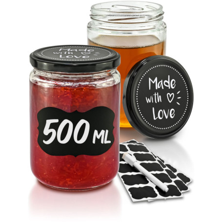 Praknu Pots à Confiture avec Couvercle - 12 Bocal en Verre 500 ml - Avec étiquettes & stylo - Étanche à l'air - Résistant au lav