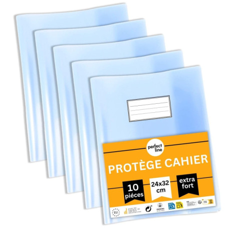 perfect line – Protège-cahiers 32 x 24 cm (lot de 10), transparent cristal, très résistants, format total 50,2 x 32,5 cm, PP rec