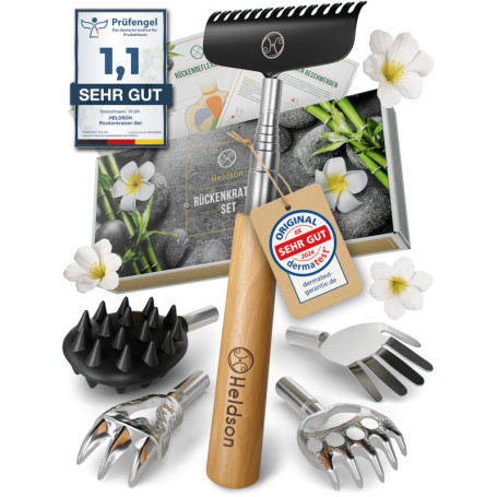 HELDSON® Gratte-dos en bois extra stable [6 variantes de grattage] – Gratte-dos télescopique extensible – Grattoir arrière – Mas