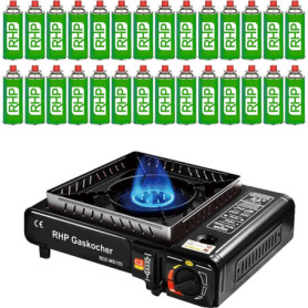 RHP Réchaud à gaz d'extérieur I Cuisinière à gaz avec 28 cartouches de gaz à baïonnette – Pour camping, voyage, vacances, randon
