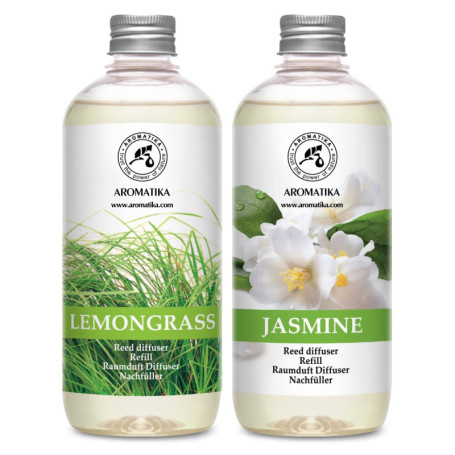 Recharge Diffuseurs de Parfum 2x500ml - аvec Arôme Lemongrass & Arôme de Jasmin - Parfum Frais et de Longue Durée - Aromathérapi