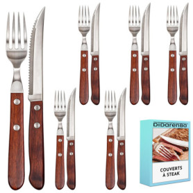 Couverts à steak Acier inox bois 12 pieces avec 6 couteaux à steak et 6 fourchettes à steak
