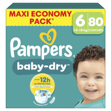 Pampers Baby-Dry Taille 6, 80 Couches, 13kg-18kg, Une Nuit Confortable Jusqu’À 100% Sans Fuites