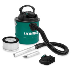 VONROC Aspirateur à Cendres Sans Fil 20V–Aspirateur à Cendres Pour Cheminée, Atelier - Avec Batterie Puissante & Rapide 2.0Ah, R