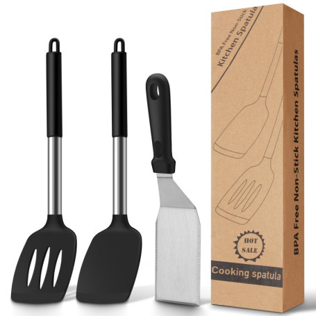 Elalove Lot de 3 Spatules en Silicone et Inox pour Cuisine - Set avec Spatule, Écumoire et Pelle à 3 Côtés - Résistant à la Chal