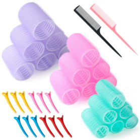 Set de 32 Bigoudis Cheveux, 18 Pièces Rouleaux Cheveux avec 12 Pièces Clips et 2 Peignes, Gros Bigoudis Cheveux pour Cheveux Lon