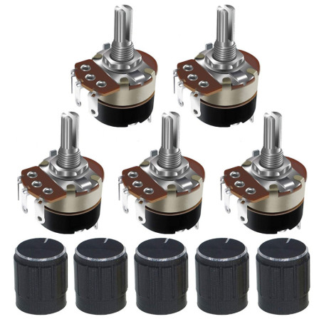 PENGLIN Lot de 5 potentiomètres rotatifs WH138 10 K Ohm avec interrupteur, 5 boutons en alliage noir