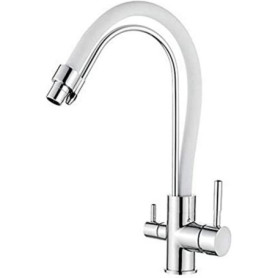 Ibergrif M22122-3 Robinet de Cuisine Poignée Double avec Bec Flexible, Mitigeur d'évier 3 Voies, Chrome, Blanc
