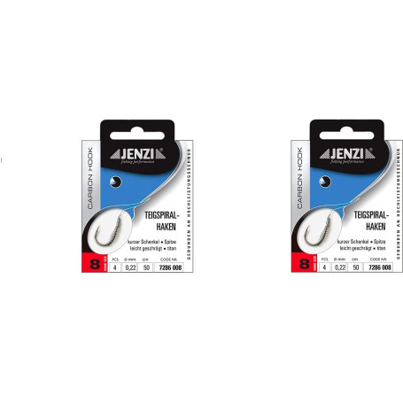 Lot de 2 paquets de crochets spiralés JENZI pour truite, crochets à pâte attachés (8 pièces), taille des hameçons 2, 4, 6, 8 et 
