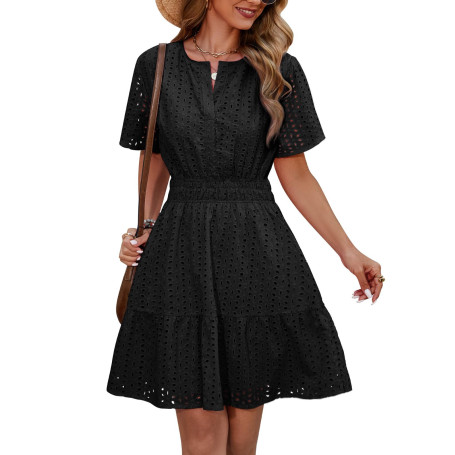 Yuson Girl Robe Femme Ete Robe Boheme Chic et Elegant Robe Short Robes à Manches Courtes de Plage Décontracté Casual Robe Col V 